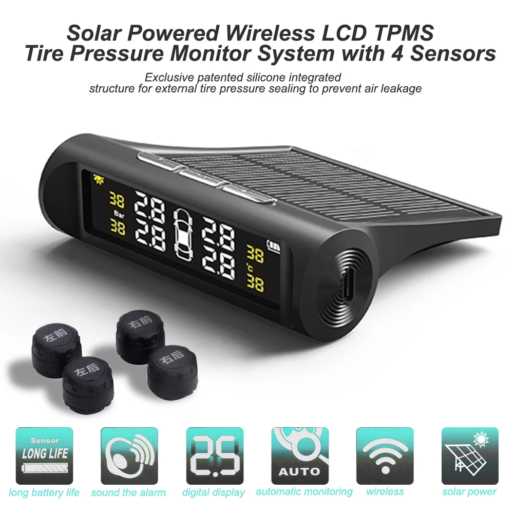 Solar Power Universal Wireless Car Alarm System N/Z TPMS Car Tire Pressure Monitoring System LCD Display with 4 External or Internal Sensors Real-time Display 