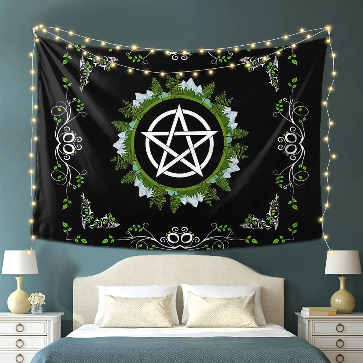 

Green Witch Pentagram - Nature Themed Wiccan Pentacle Tapestry Decoration Art Aesthetic Tapestries for Living Room Bedroom Decor