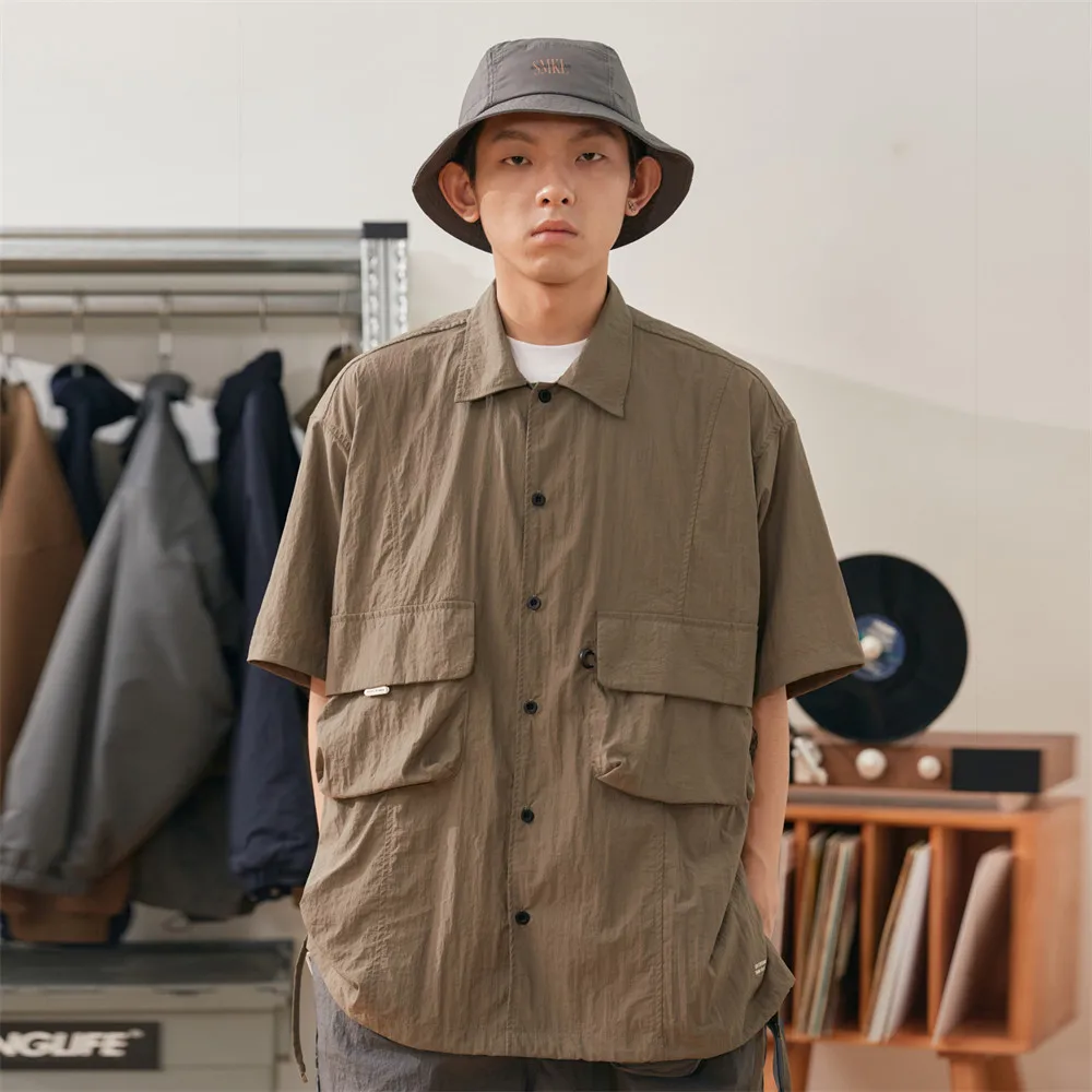 

Pocket Cargo Shirts Mens Letter Print Summer Casual Loose Lapel Single Breasted Short Sleeve Shirts Men