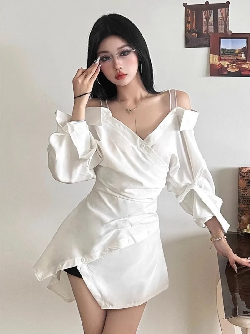 White Women Shirt Dresses Sexy Korean Fashion Off Shoulder Irregular ...
