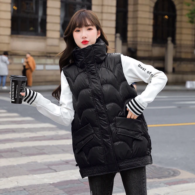 best winter jackets 2021 Autumn Winter Korean Loose Women's Vest Down Cotton Bright  Fabric Wearing Warm Vest Girl Outdoor Student Pink packable down jacket