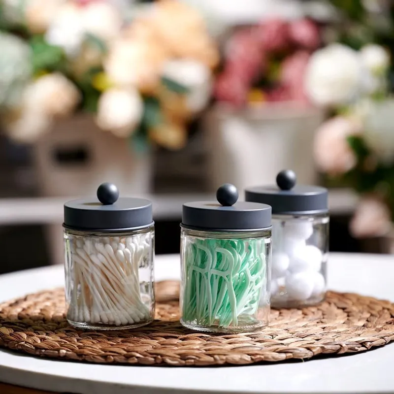 Farmhouse Decor Qtip Holder Dispenser for Cotton Swabs, Cotton Pads, Clear Plastic Apothecary Jar for Bathroom Canister Storage 5