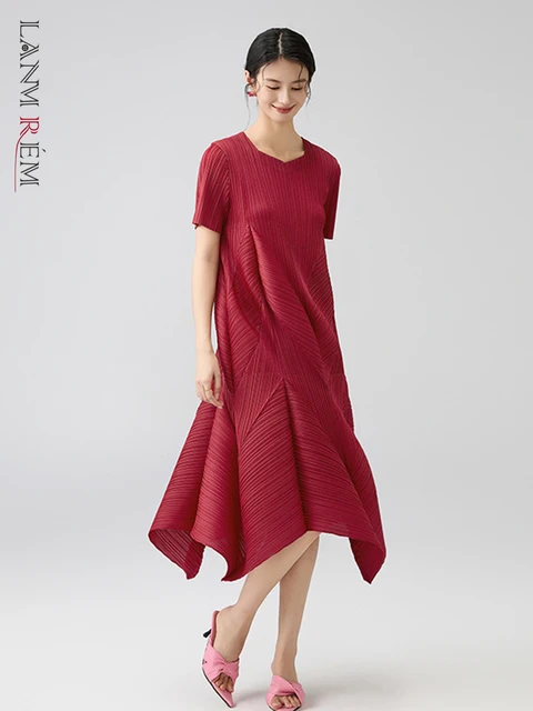 LANMREM Irregular Patchwork Pleated Dress Women's 2025 New Round Collar Short Sleeve Loose Casual Summer Bubble Dresses 2DB2836
