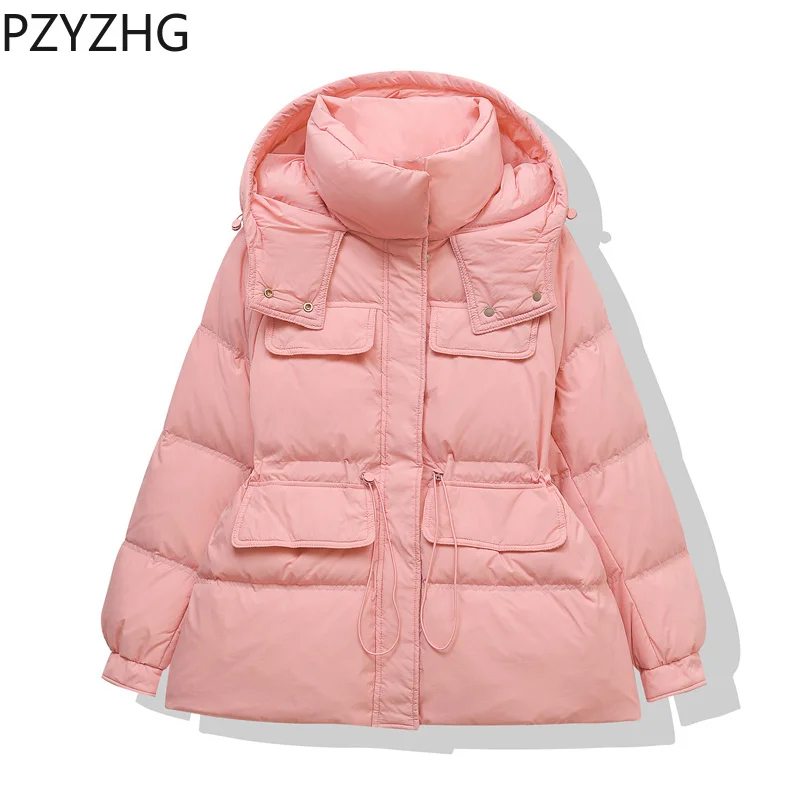 2023 Autumn Winter New Down Jacket Women Hooded Thickened Korean Fashion Workwear Long Sleeve White Duck Down Loose Coat
