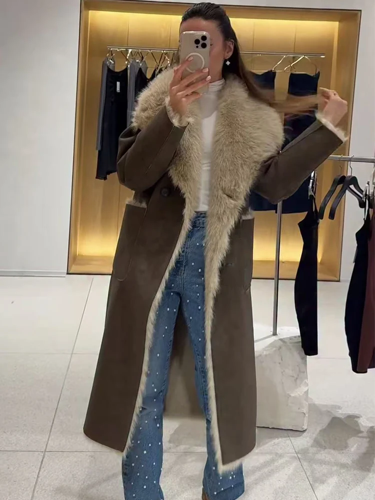 Women Retro Reversible Long Coat Casual Faux Fur Lapel Single Button Pocket Jacket Ladies Winter Fashion Street Warm Outwear