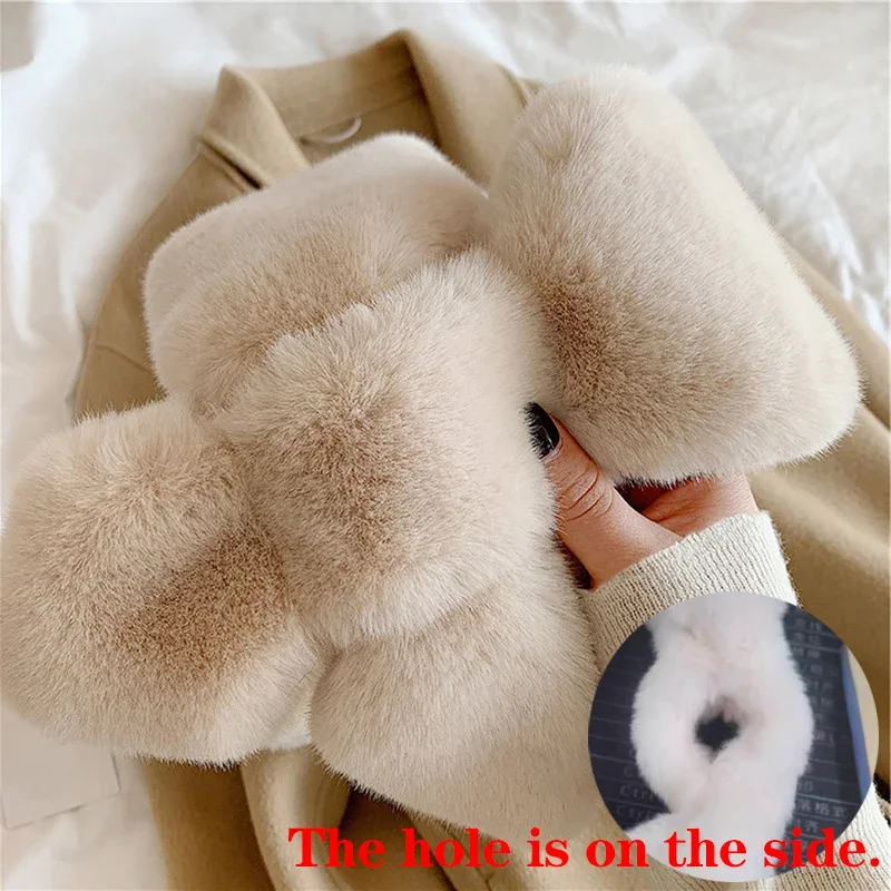 Fake Rabbit Fur Collar Scarf Women Keep Warm Thickening Fur Sjaal Colorful Cross Winter Scarf Autumn Winter Fake Fur Plush Elega