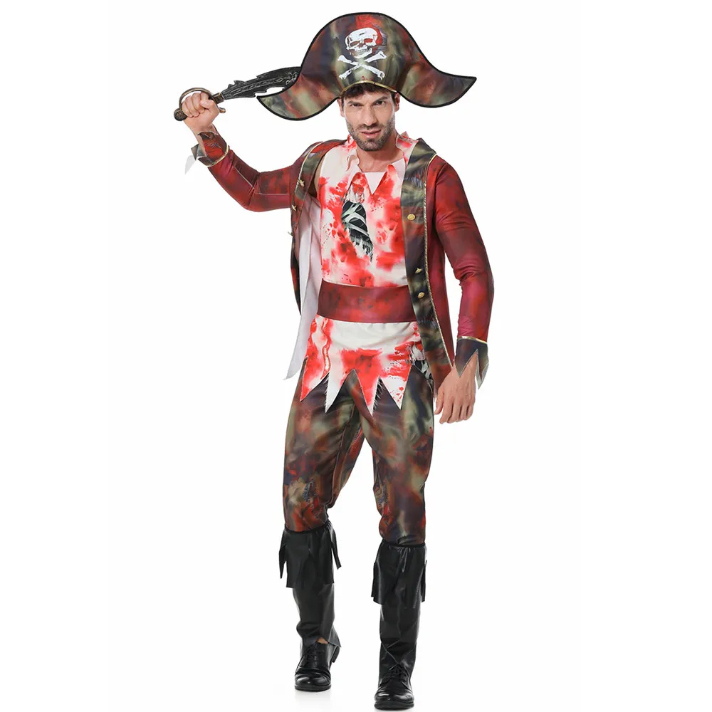 

Men Halloween Bloody Pirate Costumes Adult Ghost Skeleton Captain Cosplay Carnival Purim Parade Stage Role Play Bar Party Dress