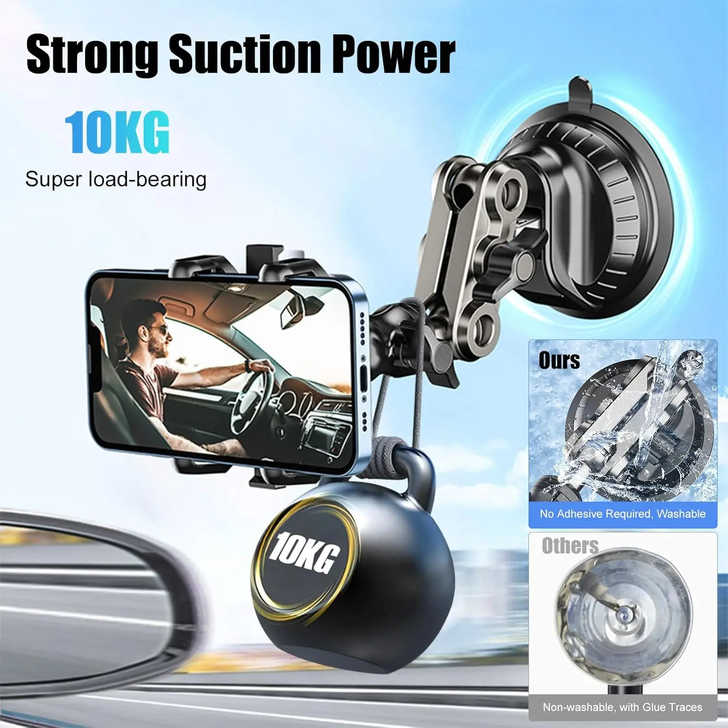 Enhanced Car Video Mount with 360° Rotating Arm and Strong Suction for Windshield/Dashboard - Anti-Shock Design for Seamless Live Streaming