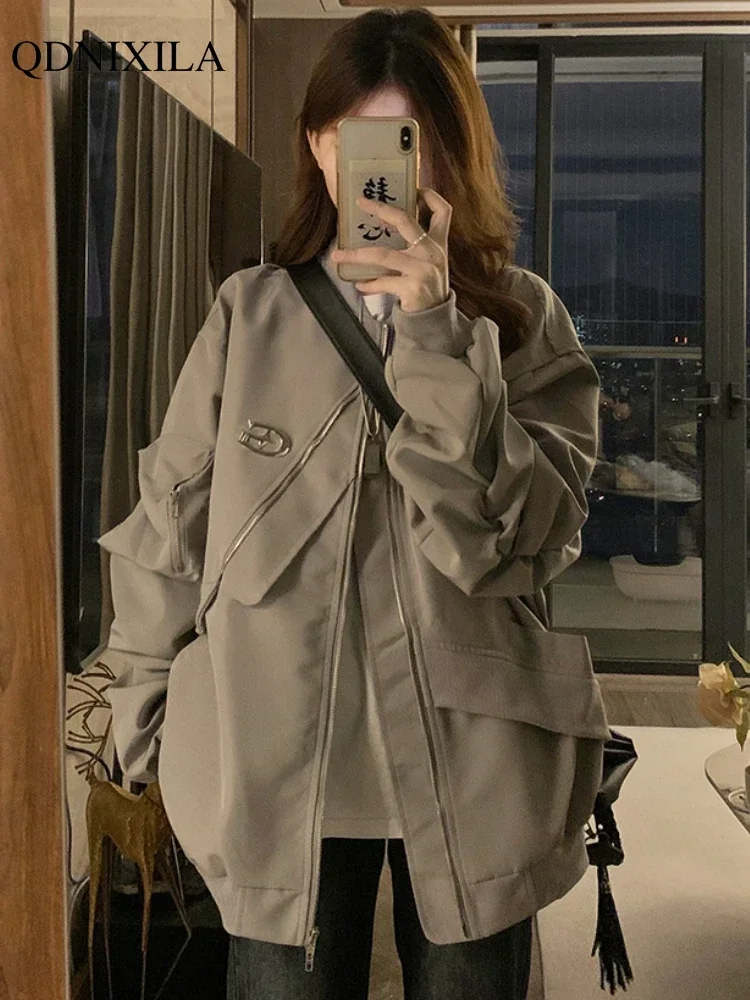 

Korean Casual Streetwear Baseball Jacket Autumn Winter New Fashion Vintage Loose Long Sleeve Warm Thickened Bomber Jacket Women