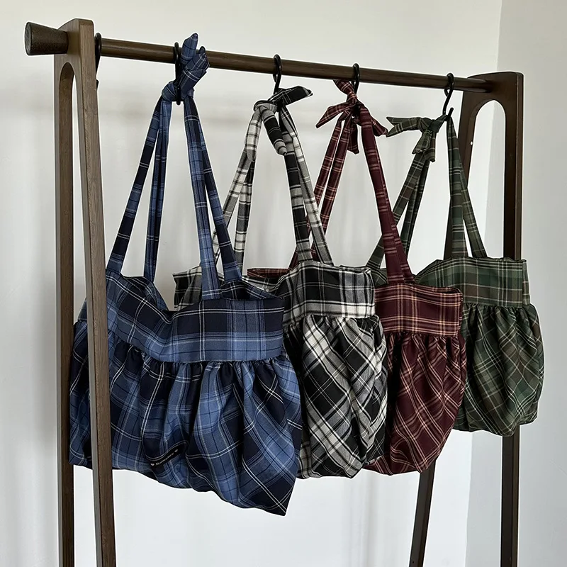 Plaid Canvas Casual Totes Women England Style Strips Shoulder Bags Large Capacity Cloth Shopper Bags Korea Style Cotton Packages