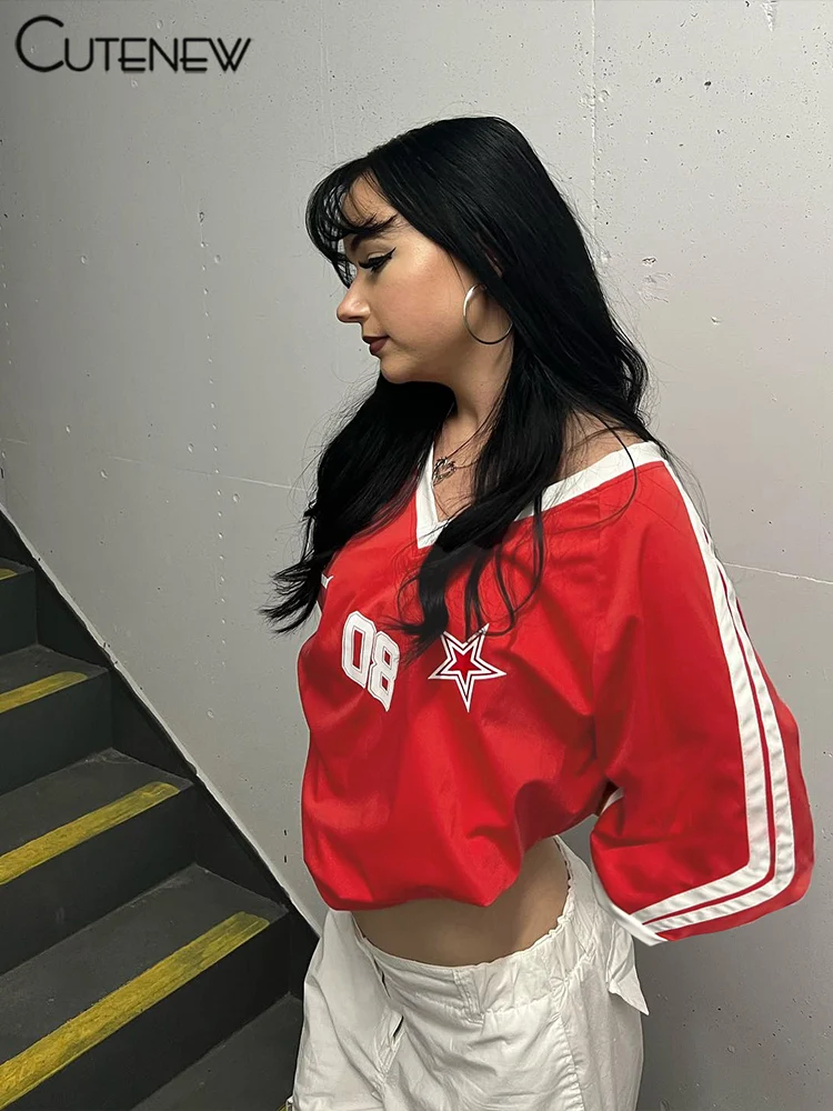 Football Track Women T-shirts Autumn Printed Striped Long Sleeve V-neck Oversized Tops Female Active Casual Streetwear