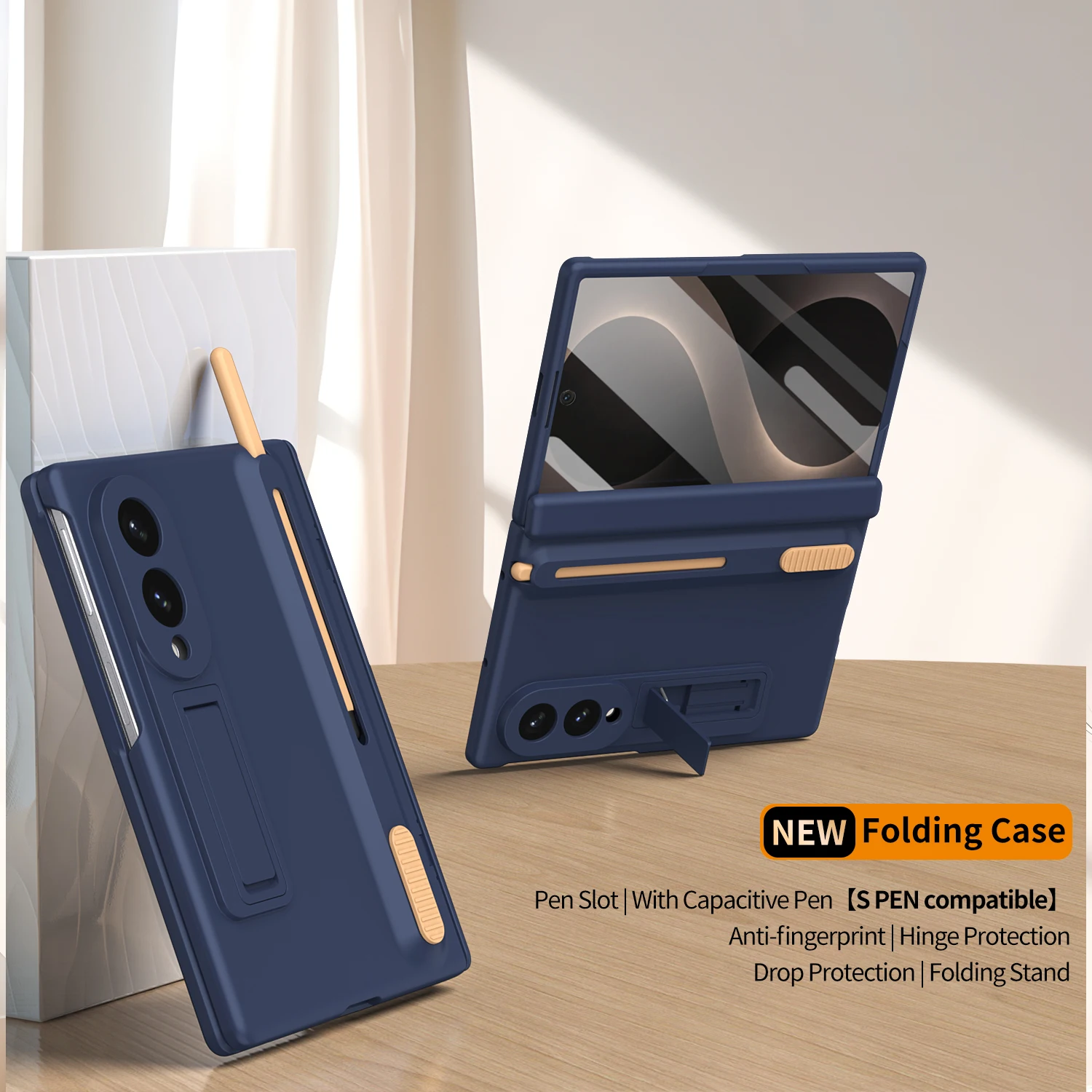 Wide Case with Retractable S Pen Slot, Built-in Kickstand, Hinge Protection, and Tempered Glass Screen Protector