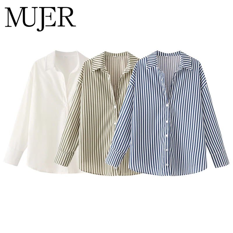 MUJER Gestreifte Freizeithemden für Damen, Sommer-Hemden und Blusen mit Knöpfen für Damen, Übergröße, Bluse, Damen, Langarm-Tops, Damen