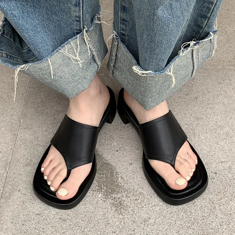 summer-casual-slippers-45cm-med-heels-cowhide-open-toe-slip-on-lazy-slides-fashion-sandals-daily-outwear-beach-shoes-for-women