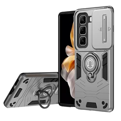 Rugged Armor Shockproof Phone Case with Sliding Window and Metal Ring Holder Back Cover for Hot 60 ProPlus X6886 (Gray)
