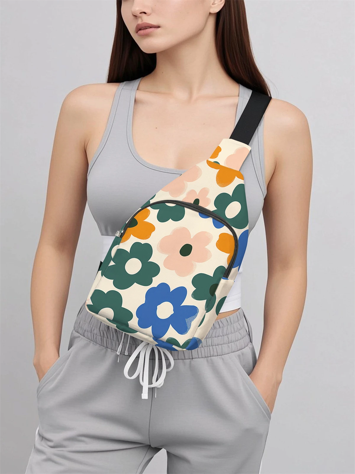Flower patterned chest bag crossbody bag, multifunctional, lightweight and simple chest bag, suitable for travel and school