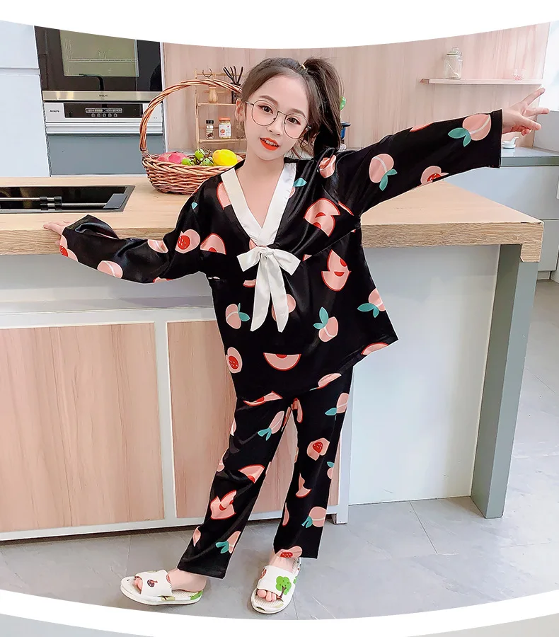 Children's Pajamas Long Sleeved Spring And Summer Baby Homewear Colthes Ice Silk Girls Sleep Wear Clothes 3-15Y Kids Clothes elegant pajama sets