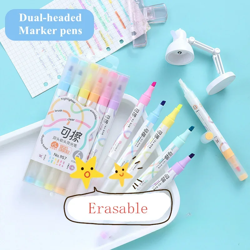 6 가지 색상 세트 Kawaii 지울 수있는 형광펜 양방향 메모 밑줄 4mm 두께 마커 형광 메모 펜