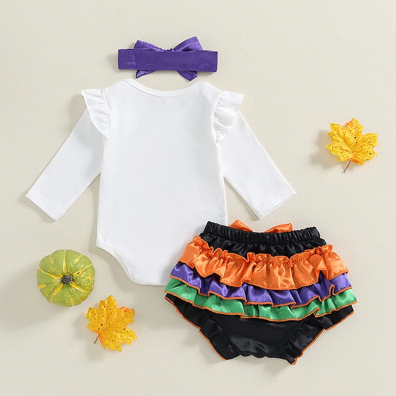 Description Picture 3 of itemBaby Girls Shorts Set Long Sleeve Letters Print Romper with Layered Shorts Headband Fall Outfit Halloween Clothes
