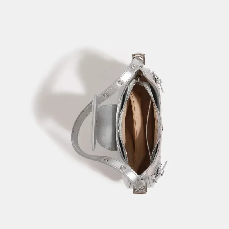 MBTI Y2k Womens Shoulder Bag Gothic Silver Patchwork Harajuku Fashion Handbag Niche Designer Casual Cool Female Motorcycle Bag