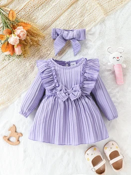 Autumn Baby Girl Long sleeved Dress Purple Ruffled Butterfly Fress+Headband 2Pcs/Set for Cute Female Babies aged 0-24 Months