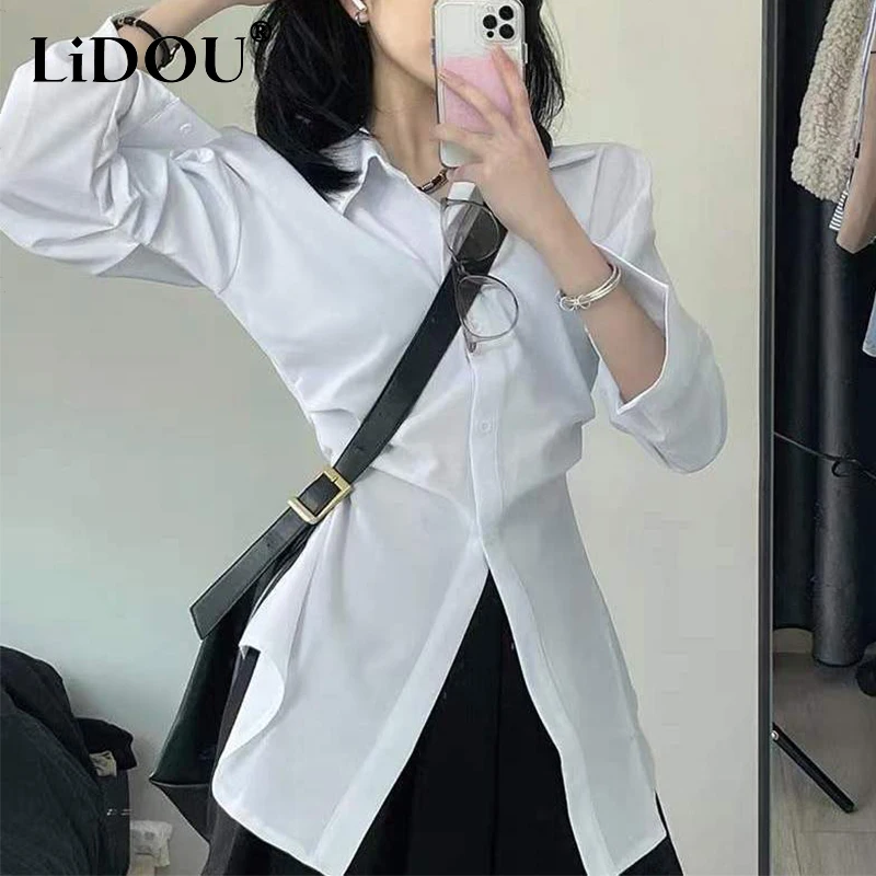 

Spring Summer Polo-neck Solid Simple White Shirt Top Women Long Sleeve Elegant Fashion All-match Buttons Blouse Female Clothes
