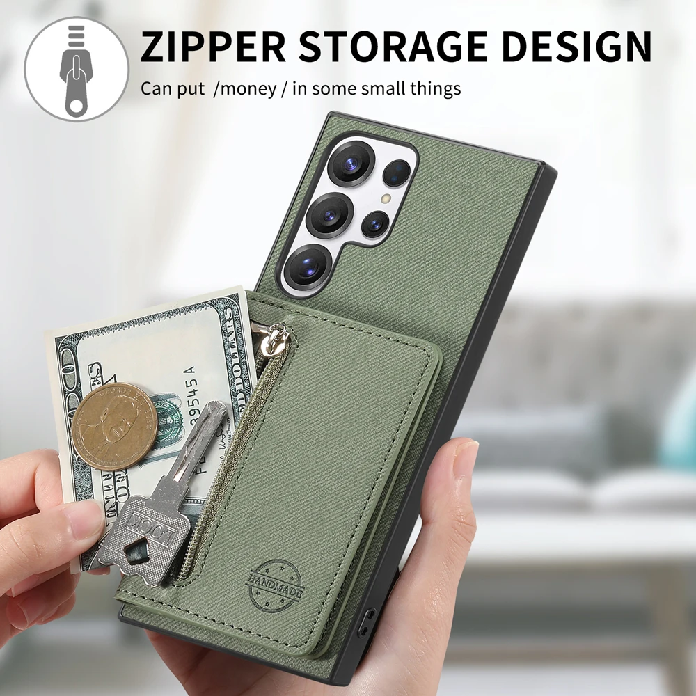 Zippered Leather Wallet Phone Case with Card Holder and Stand
