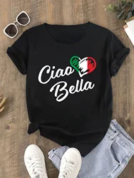 Italian Flag Heart Ciao Bella Print Summer Top with Harajuku Sleeve Aesthetic - XS (H17603 - Black)