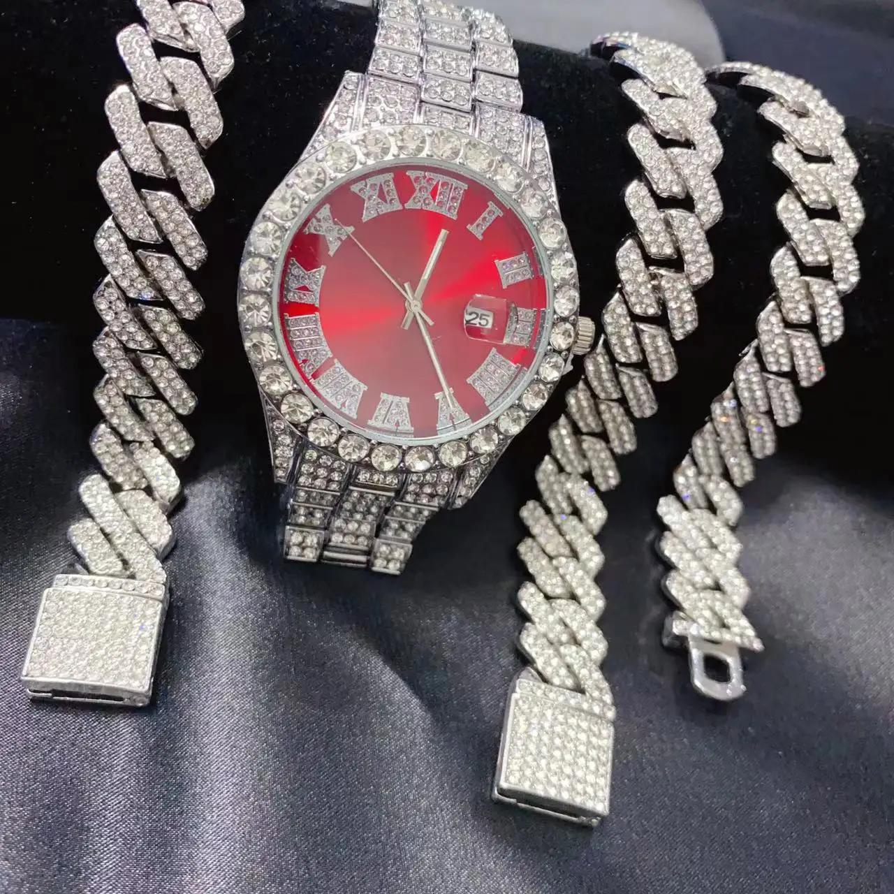 3PCS Calendario Hip Hop da donna da uomo Quadrante rosso Orologio Collana Bracciale Set di gioielli Bling Oro Sier Diamond Uomo Catena cubana_voghion.com