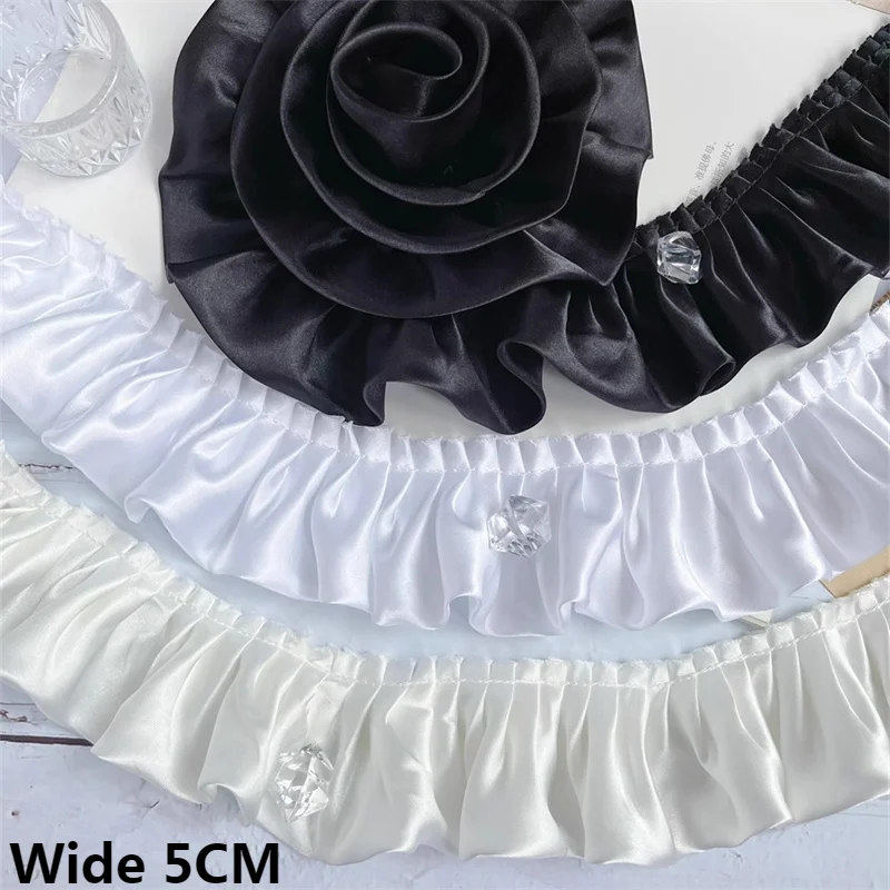 5CM Wide Double Layers Glitter Satin Pleated Lace Fabirc Frilled Embroidered Ribbon Ruffle Trim Dolls Collar DIY Sewing Decor