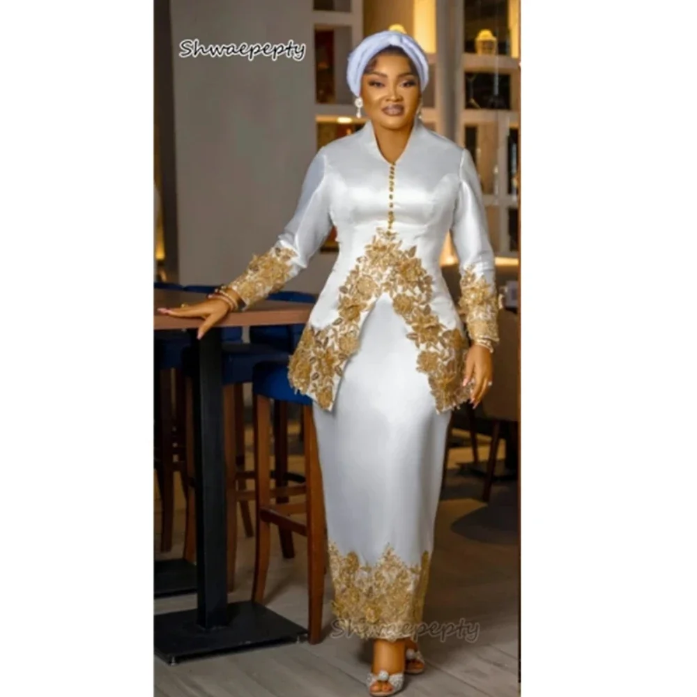 Elegant Mother Of The Bride Dresses Gold Lace Appliques Long Sleeves Formal Dress Sheath Satin Mom Wedding Party Wear