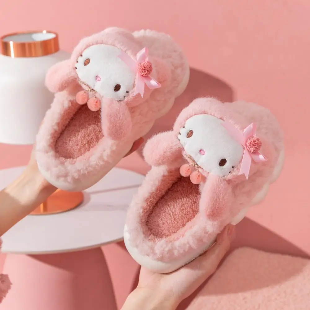 

Winter Hello Kitty Parent-Child Slippers Kawaii Sanrio Hello Kitty Plush Doll Warm Slippers Cute Cartoon Women's Cotton Shoes