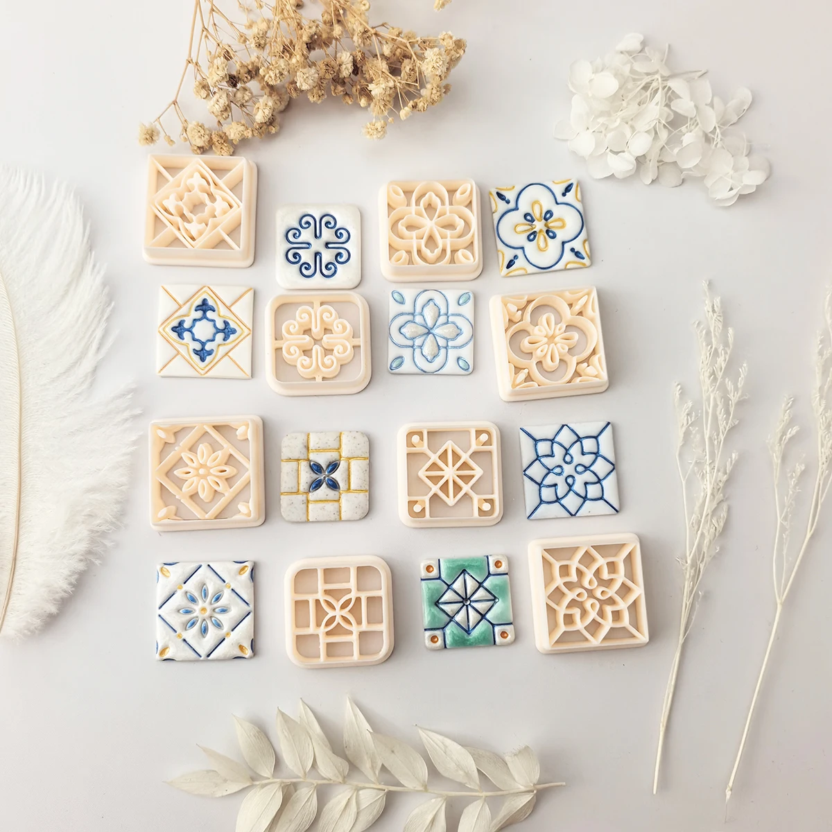 Clay Cutters Floral Tile Blue-And-White Vintage Earrings Polymer