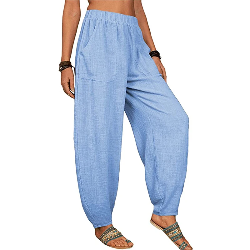 Women Harem Pants Summer Casual Vintage Cotton Linen Pants Elastic Waist Wide Leg Retro Loose Pockets Female Mom Trousers S-5XL