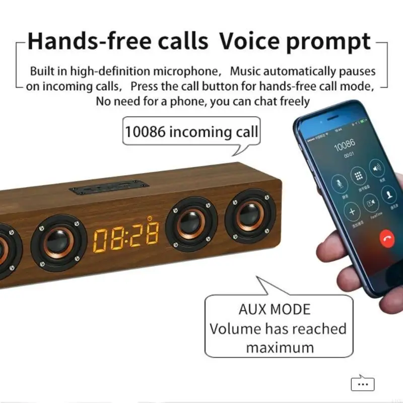 2025 새로운 우드 블루투스 호환 스테레오 스피커 20W 알람 시계 기능이있는 FM 라디오 및 마이크 핸즈프리 콜