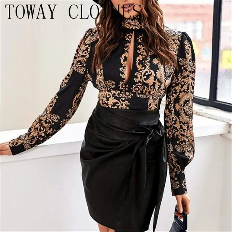 Moda Donna Top 2023 Y2K Vestiti Stampa Geometrica Dettaglio Legato Backless Puff Lantern Sleeve Top I Miei Ordini Casual Ropa Mujerfemme