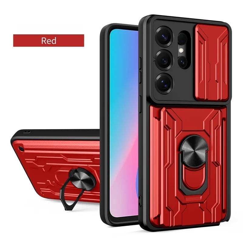 Heavy Duty Armor Shockproof Phone Case with Slide Lens Protector and Card Slot Holder