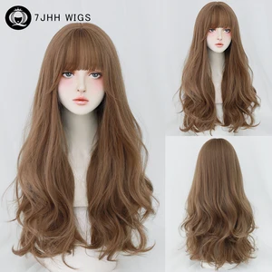 7JHH WIGS Honey Brown Wigs with Neat Bangs High Density Synthetic Loose Brown Hair Wig for Women Daily Use Beginner Friendly