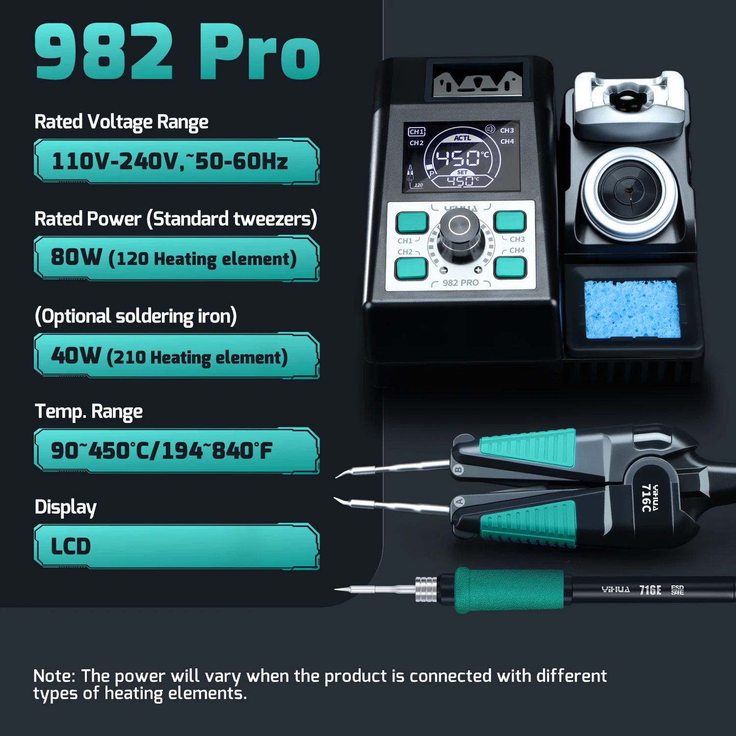 YIHUA 982 PRO 2-IN-1 C45 팁 디솔더링 스테이션과 호환되는 SMD 용접 현미경용 핫 핀셋 및 납땜 인두