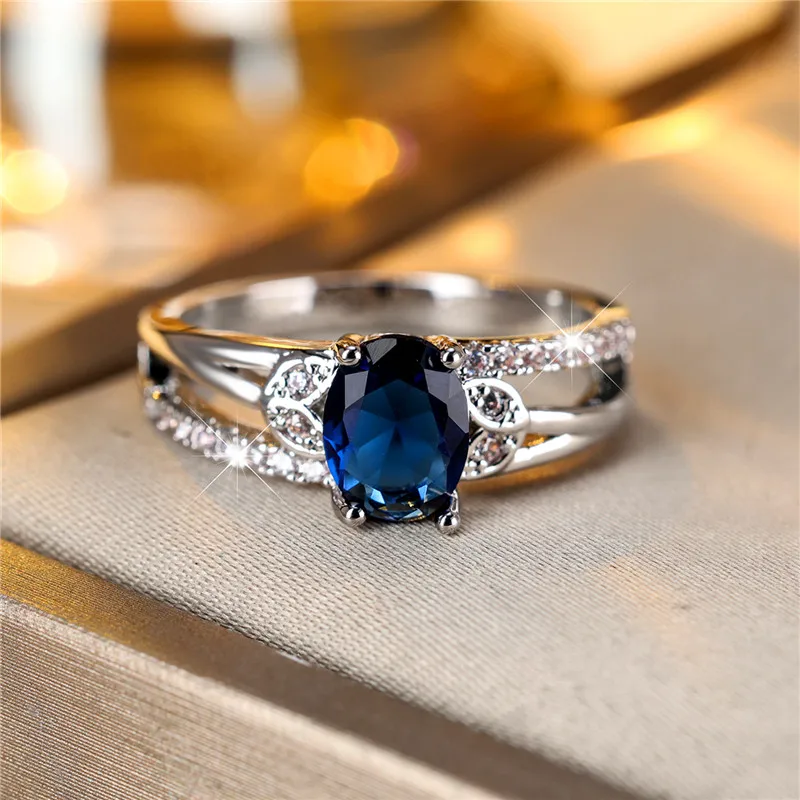 Boho Female Blue Oval Zircon Stone Ring Cute Silver Color Summer Wedding Jewelry For Women