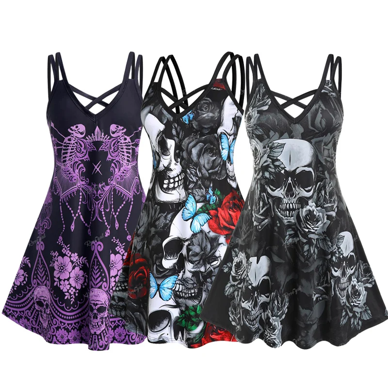 Halloween 3D Printed Dress Plus Size Crisscross Skull Print Summer Casual Sleeveless 5XL