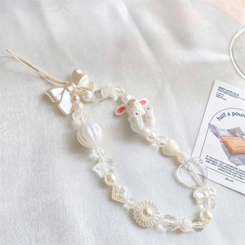 Korea Fashion Cute Rabbit Bowknot Flower Imitation Pearl Beaded Mobile Phone Chain Phone Lanyard Accessories Phone Charms