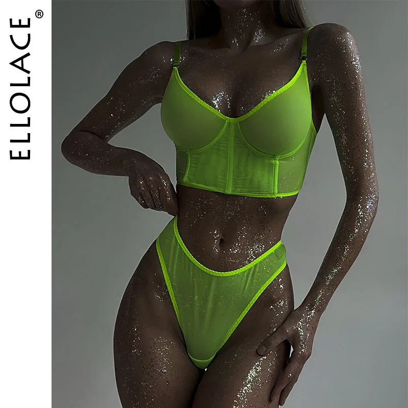 

Ellolace Lace Lingerie Sexy Underwear Solid Seamless Set Woman 2 Pieces See Through Bra And Panty Set Intimate Bilizna Costume