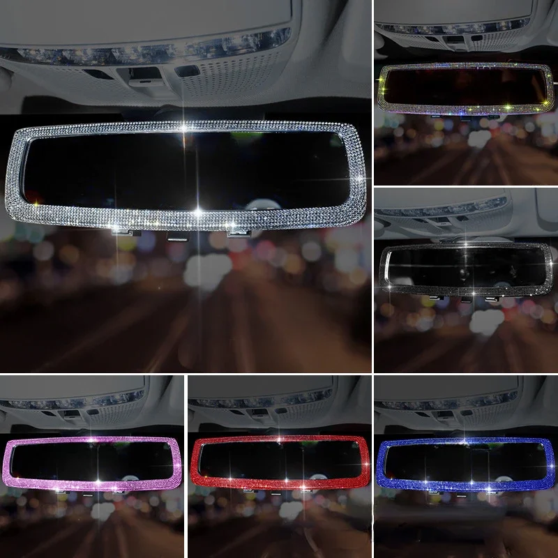 Sparkly Rhinestone Diamond Car Interior Rearview Mirror Decor Ornament Rear View Mirror Cover Car Bling Accessories for Women
