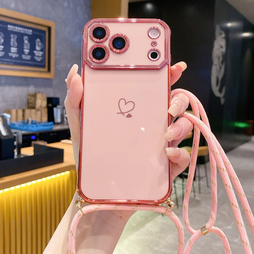Elegant Crossbody Lanyard Necklace Case with Plating Love Heart Design – Soft Silicone Cover