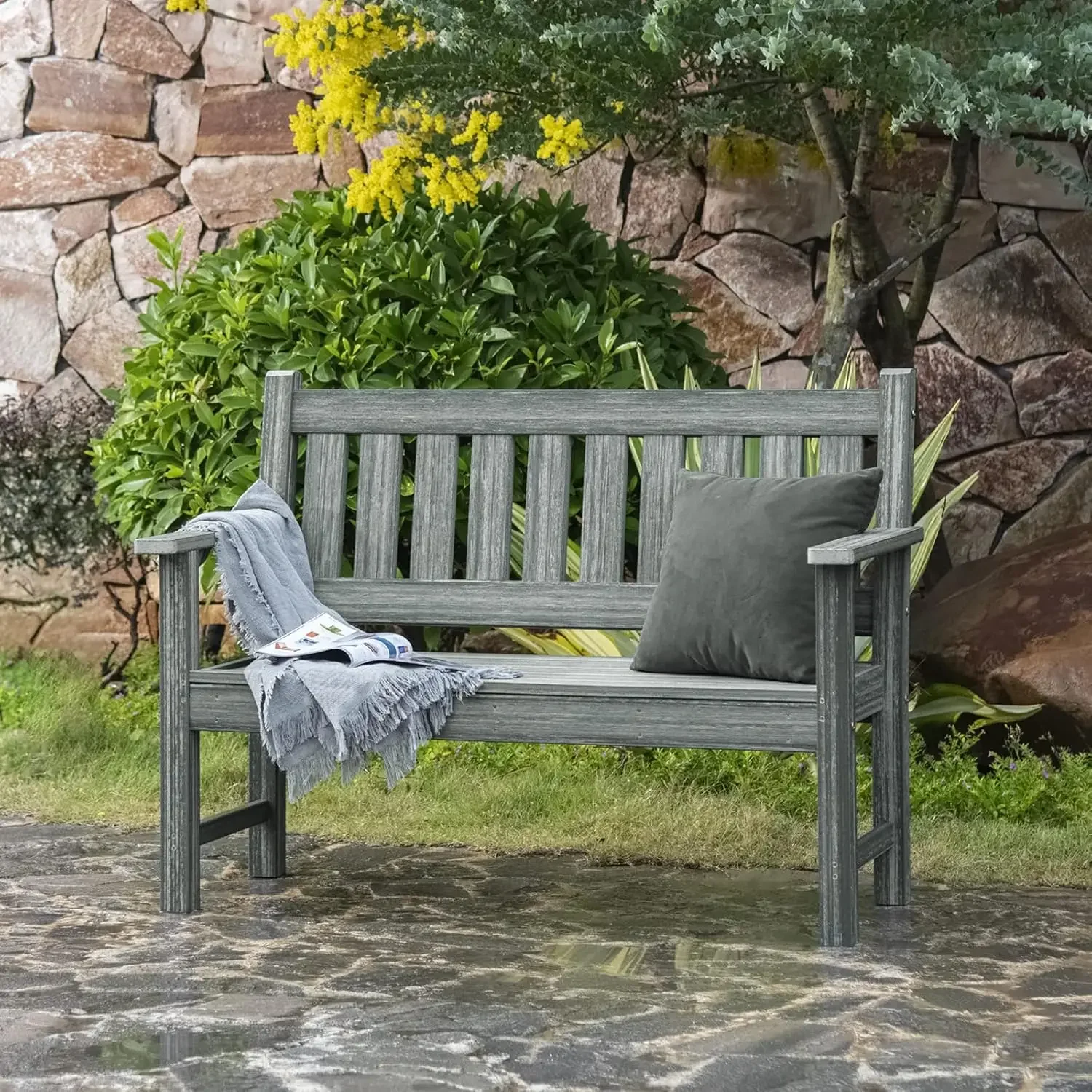 NEW-Outdoor Bench, 2-Person Garden Bench, Poly Lumber Patio Bench for Outdoors, Porch, and Park (Grey)