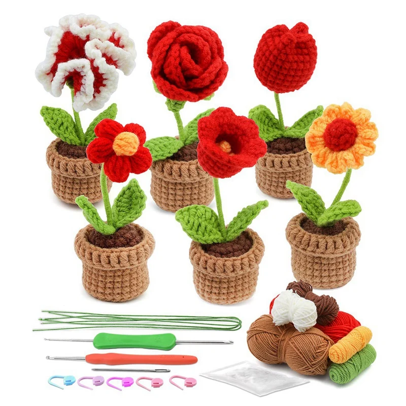 

Complete Crochet Kit Spare Parts For Beginners,6 Pcs Crochet Potted Flowers Kit With Step-By-Step Instructions Video Tutorials