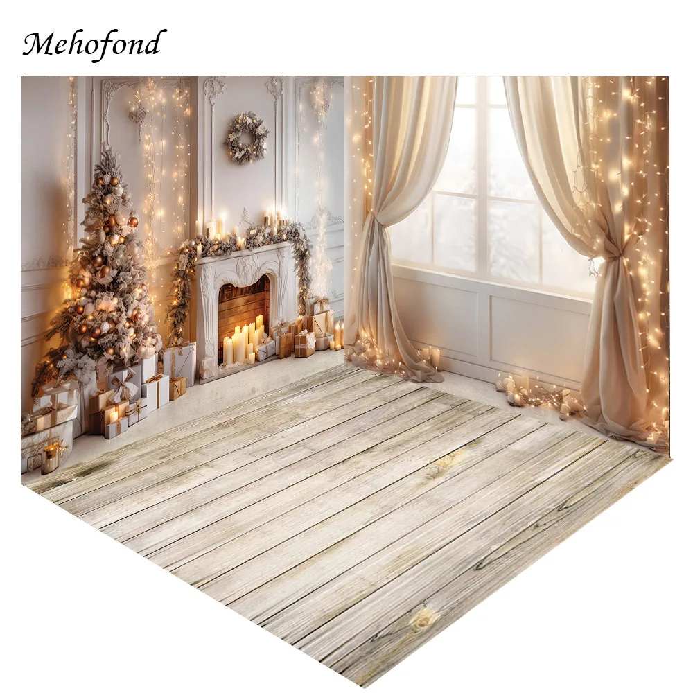 Mehofond Photography Background Christmas Winter Fireplace Window Curtain Xmas Kids Family Portrait Decor Backdrop Photo Studio