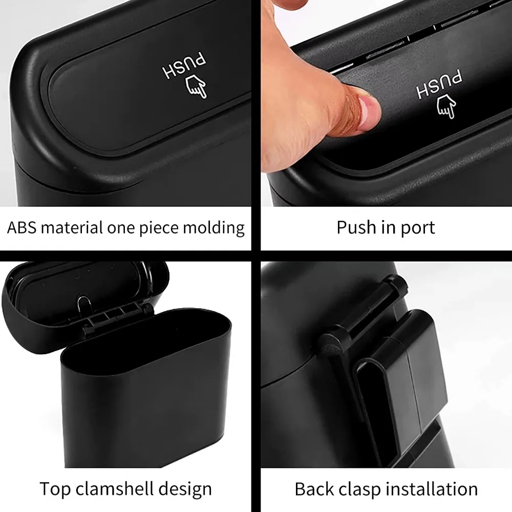 Black ABS Car Trash Can with Lid for Vehicle Storage
