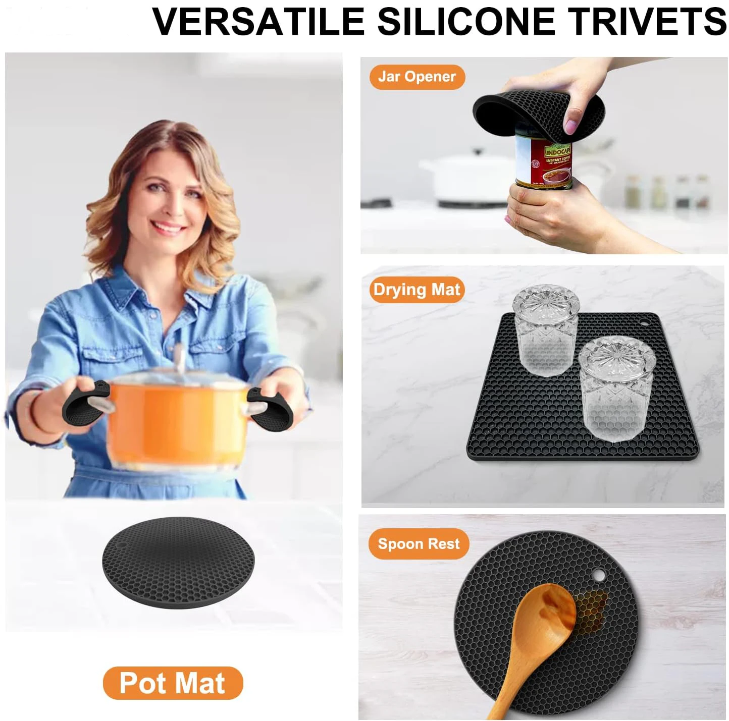 Silicone Mats 4 Heat Resistant Pot Holder Non-Slip Hot Pads Kitchen Potholders Hot Dishers Food Grade Silicone BPA Free